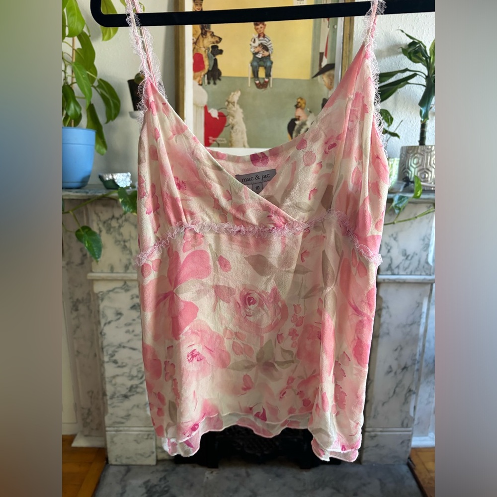 Y2K 100% Silk Floral V Neck Frilly Tank Top